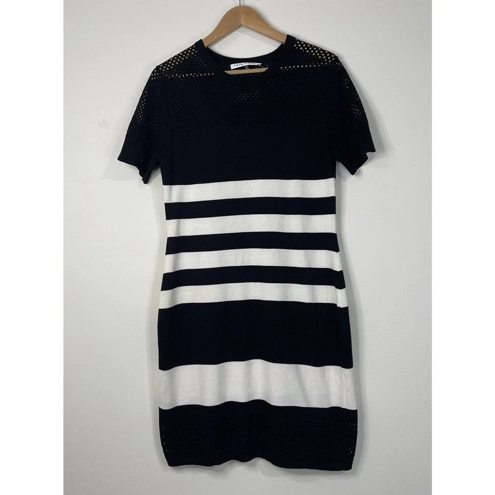 Trina Turk Striped Sheath Dress Size L Black Off White Lined